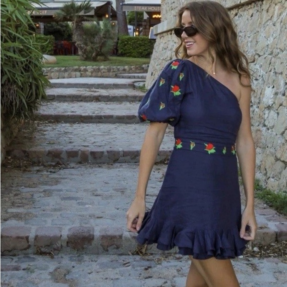 Fanm Mon Dark Blue One-Shoulder Dress with Colorful Embroidery